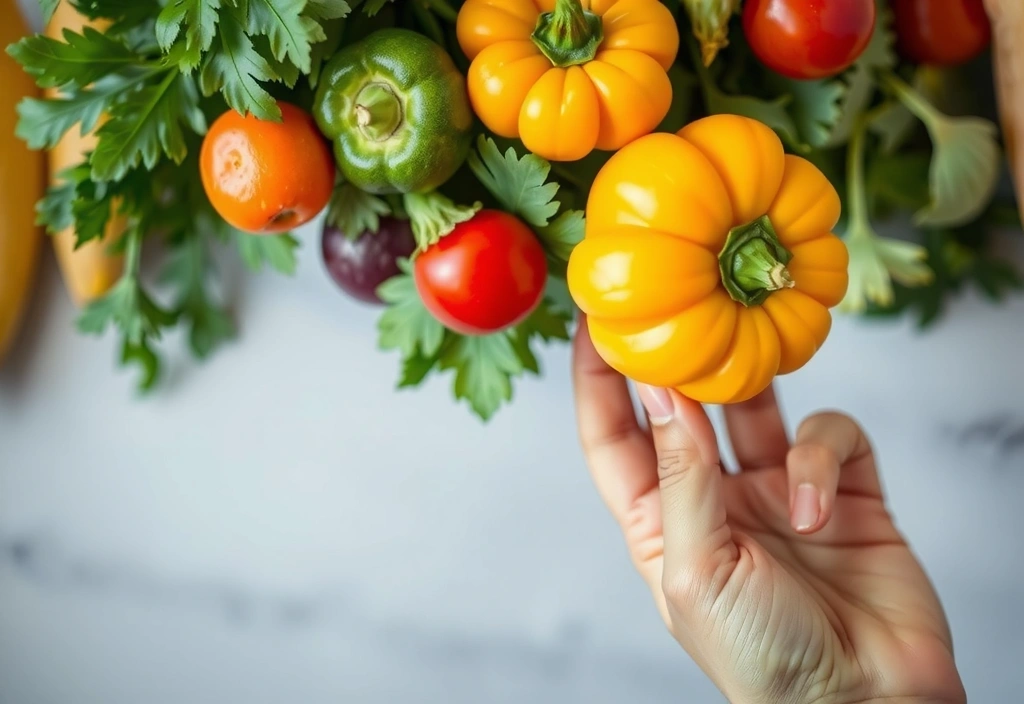 Ręka trzymająca świeże zioła i warzywa, symbolizujące naturalne witaminy i zdrowie